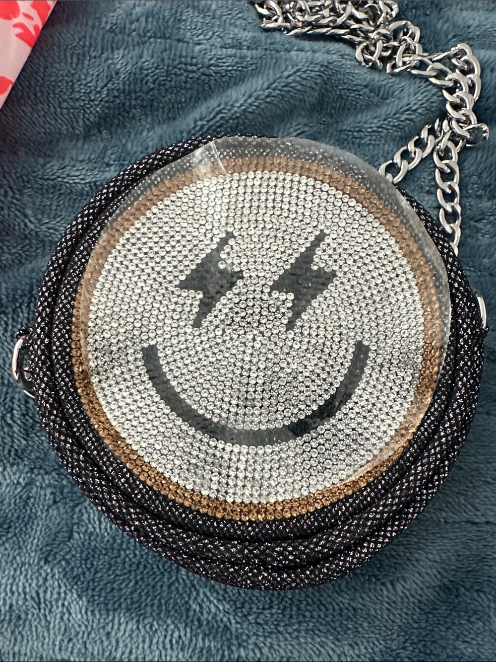 Round Smiley Crystal Crossbody Bag - Silver & Black - Picture 2 of 5